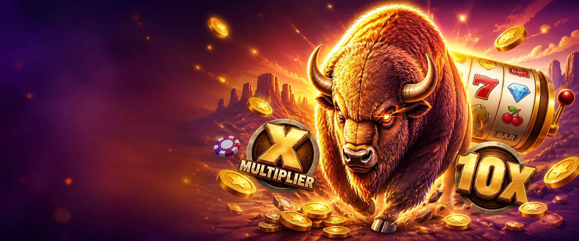 Bright and dynamic promotional banner for Bison Casino with vibrant colors and casino-themed elements.